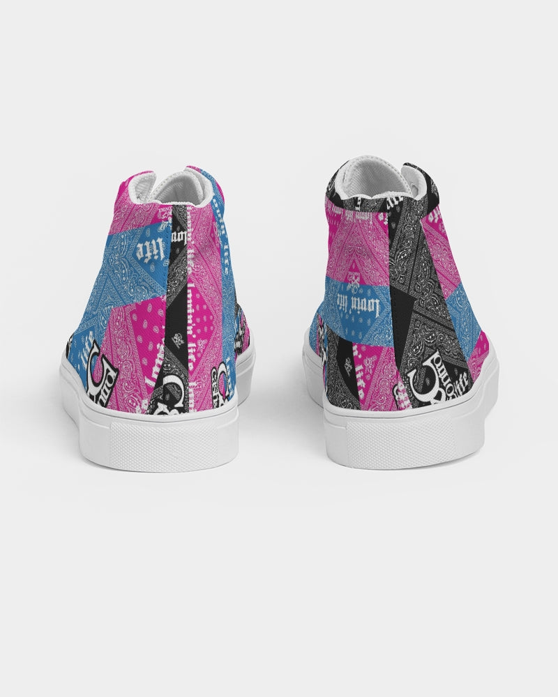 Pink, Blac and blu bandana  Women's Hightop Canvas Shoe
