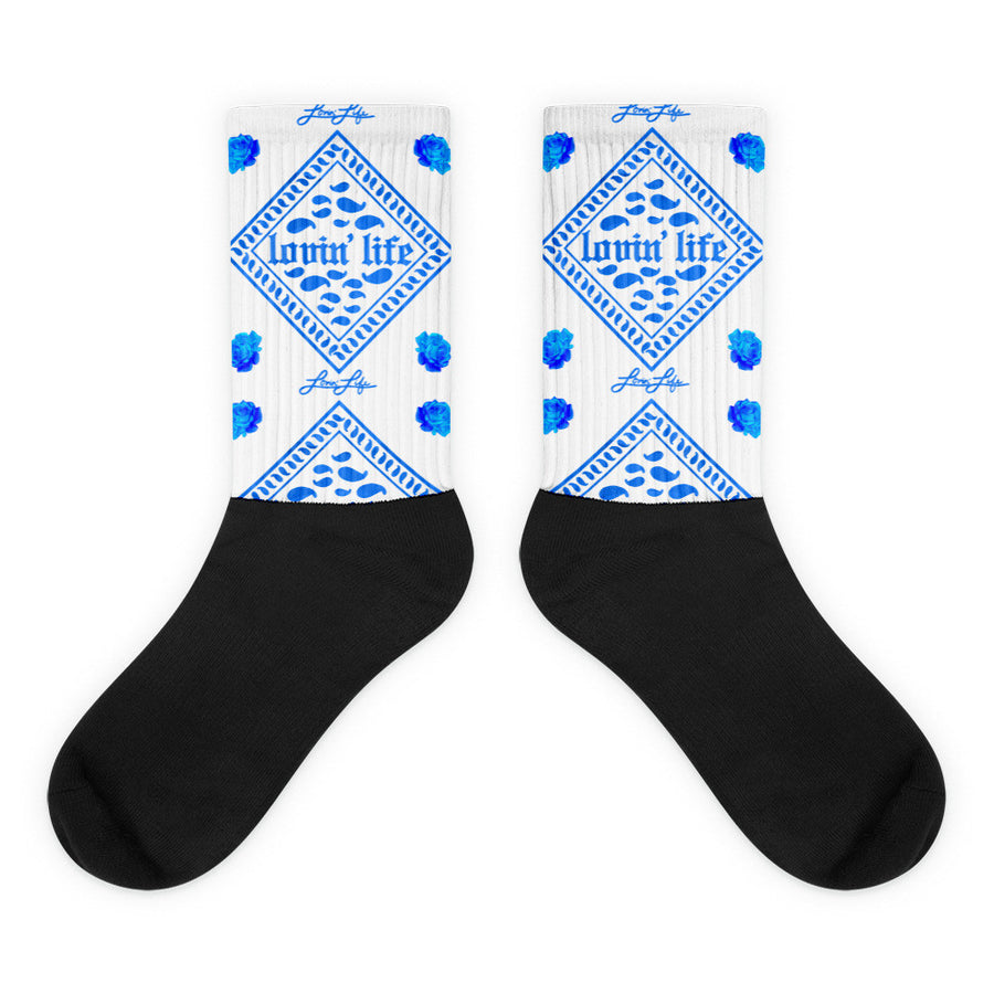 Rosey Blue Black foot socks