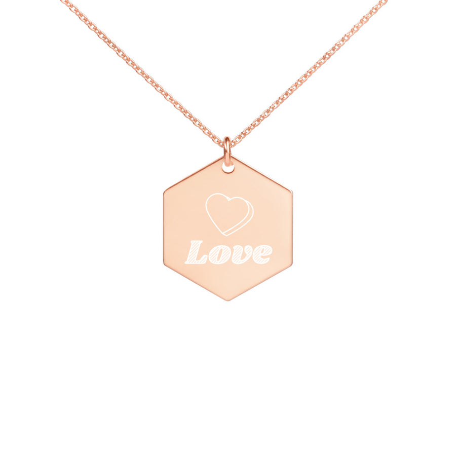 love heart Engraved Silver Hexagon Necklace